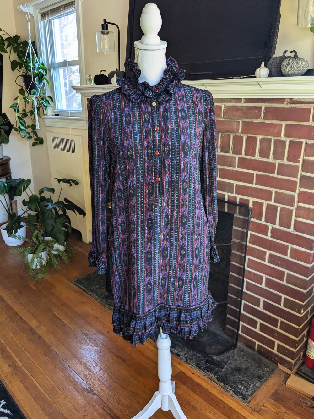 1970s High Necked Shift Dress with Pleated Ruffles at the Neck, Cuffs, and Hem